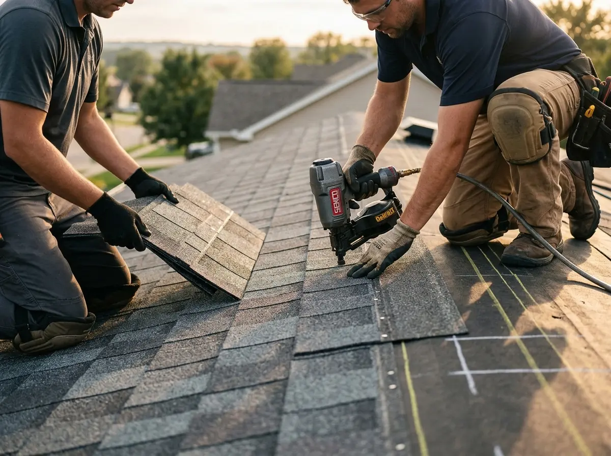 Professional roofer working on a residential roof in New River